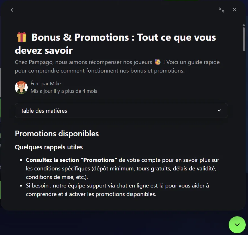Support client Pampago Casino — chat en direct 24h/24